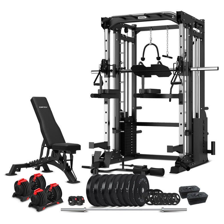 SM-25 6-In-1 Power Rack with Smith & Cable Machine + 48kg Revolock Adjustable Dumbbell Set + Jammer Arms + Chest Fly Attachment + 2x23kg Weights Add On + BN-9 Bench + Ultimate Olympic Bumper Weight Plate & Barbell Package