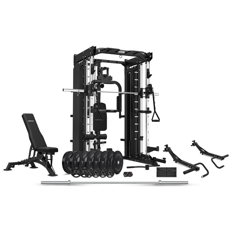 SM-26 Power Rack With Dual Stack Smith & Cable Machine + Jammer Arms + Chest Fly Attachment + 30kg Weights Add On + BN-9 Bench + Ultimate Olympic Bumper Weight Plate & Barbell Package