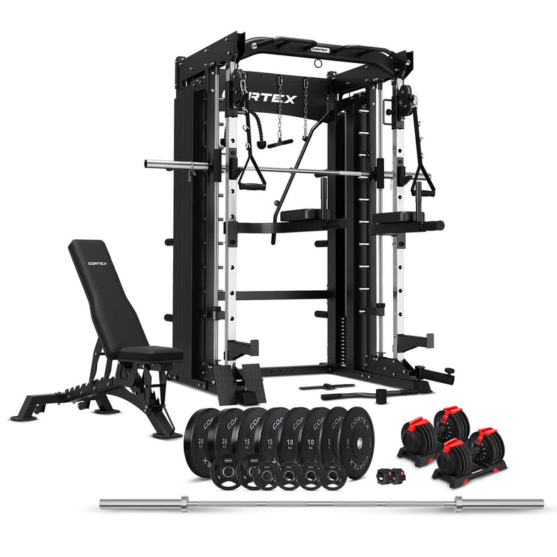 SM-26 6-in-1 Power Rack with Dual Stack Smith & Cable Machine + 48kg Revolock Adjustable Dumbbell Set + BN9 Bench + 130kg Olympic Weight Plate & Barbell Package