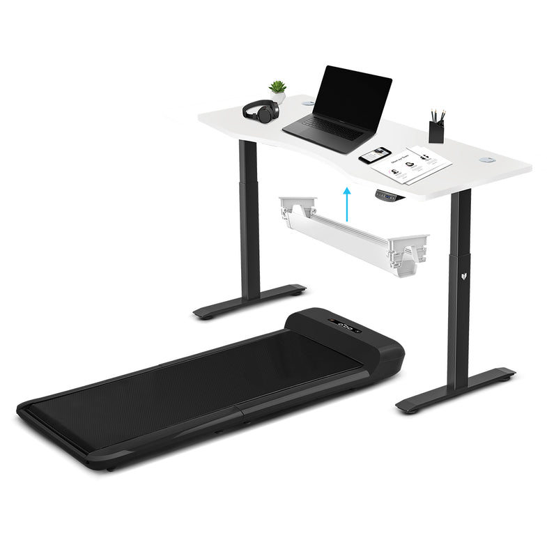 C2 Black WalkingPad Treadmill with 150cm Dual Motor Automatic Standing Desk in White and Cable Management Tray