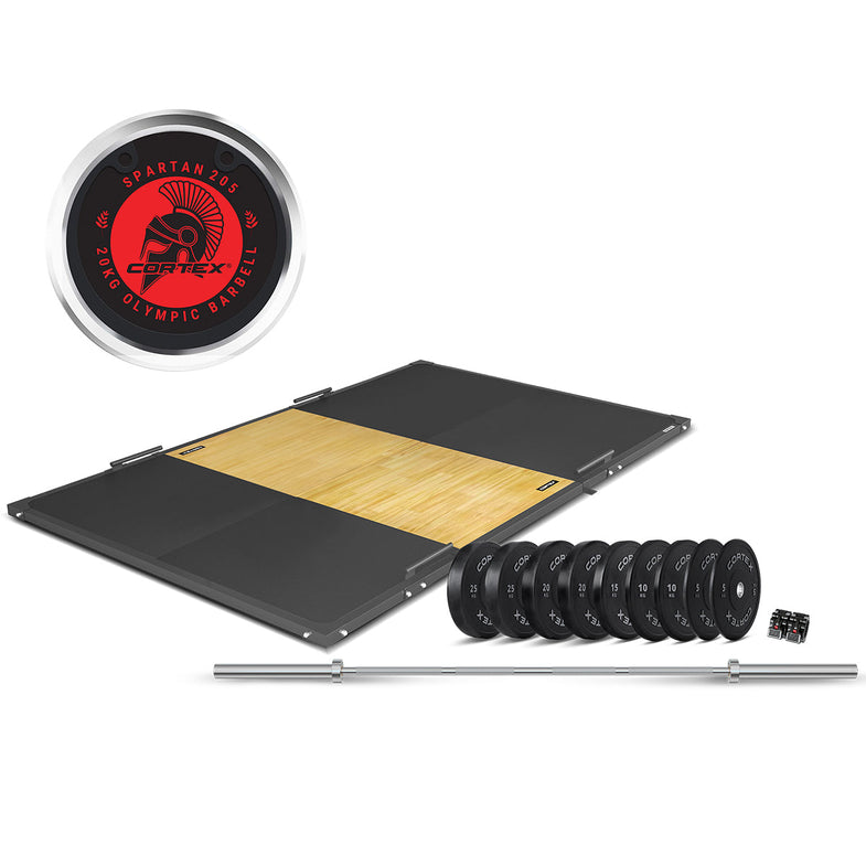 3m x 2m 50mm Weightlifting Framed Platform (Dual Density Mats) + 170kg Olympic V2 Weight Plates & Barbell Package