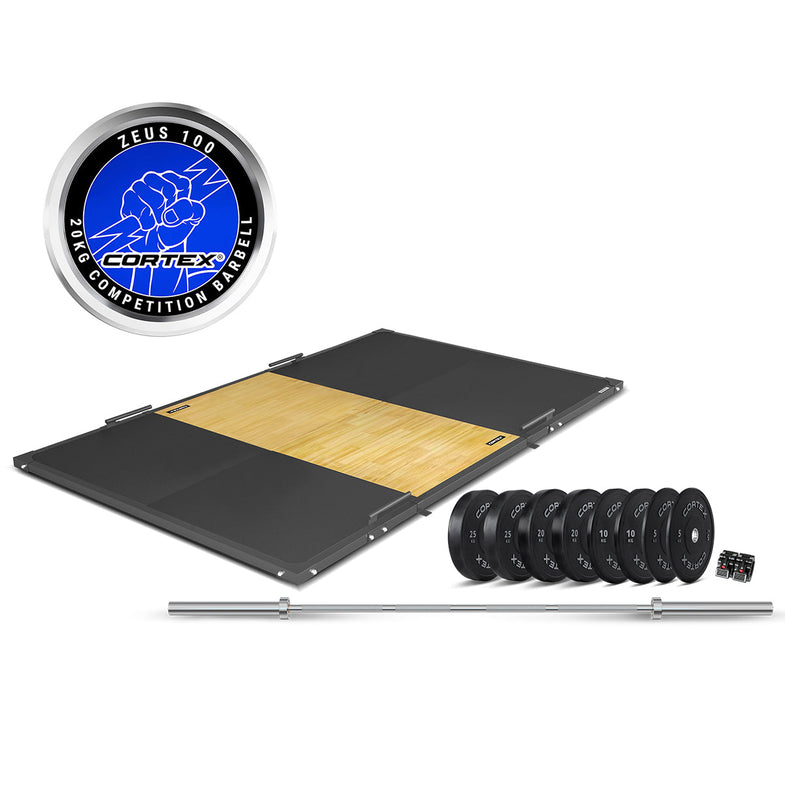 3m x 2m 50mm Weightlifting Framed Platform (Dual Density Mats) + 230kg Olympic V2 Weight Plates & Barbell Package